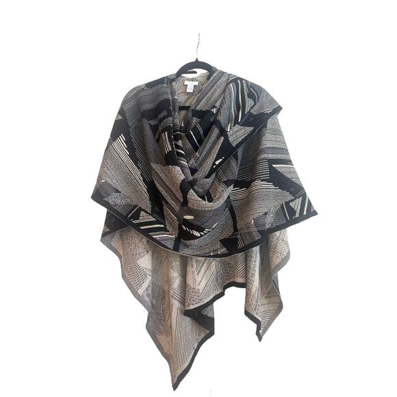 Chico’s One size Black and Metallic gold Mix Pattern Shawl Wrap Drape - Picture 1 of 8